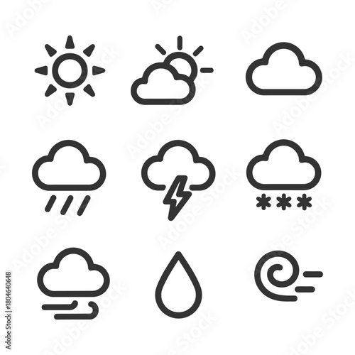 Weather icons: sun, clouds, rain, thunder, snow, wind, droplet symbols in black and white.