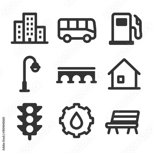 City infrastructure icons: buildings, transport, utilities, public spaces.