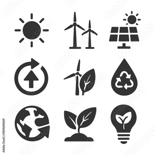 Renewable energy icons: solar, wind, recycling, sustainability symbols.