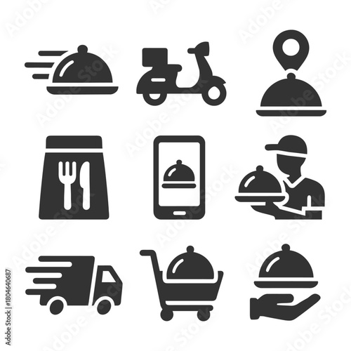 Food delivery icons: scooter, location, bag, smartphone, and cart symbol set.