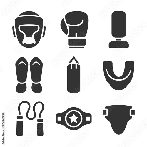 Boxing equipment icons: gloves, helmet, punching bag, and more.