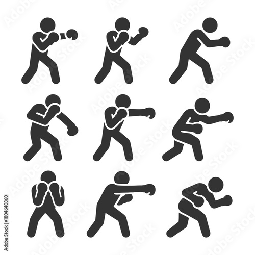Boxing silhouette icons set: diverse poses and stances.