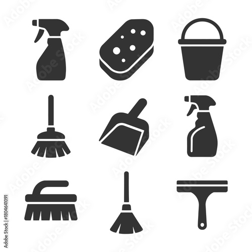 Cleaning tools icons: sprayer, sponge, bucket, broom, dustpan, scrubber, squeegee.