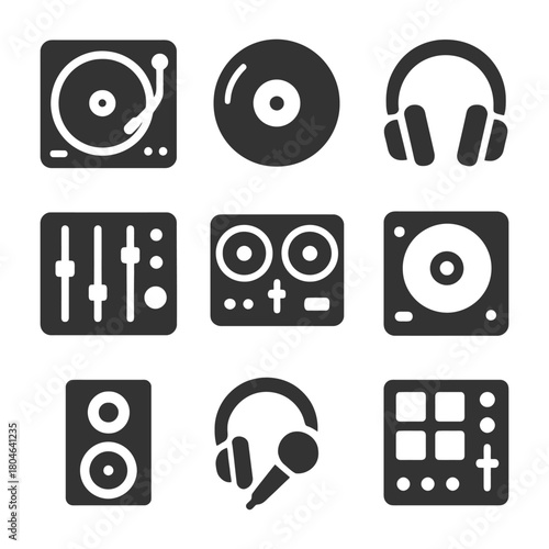 Set of nine black icons featuring dj equipment and audio devices.