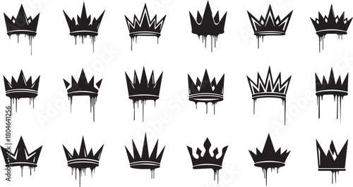 Collection of black graffiti crown vector icons with dripping paint, street art style elements