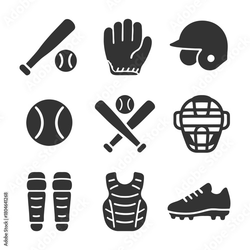 Baseball equipment icons set: bat, ball, glove, helmet, gear.
