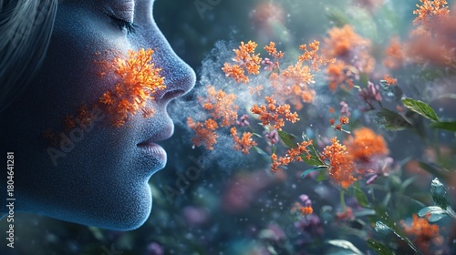 A profile view reveals a face interwoven with vibrant orange flowers, symbolizing human affliction and conditions. The imagery illustrates a unique visual representation of disease.