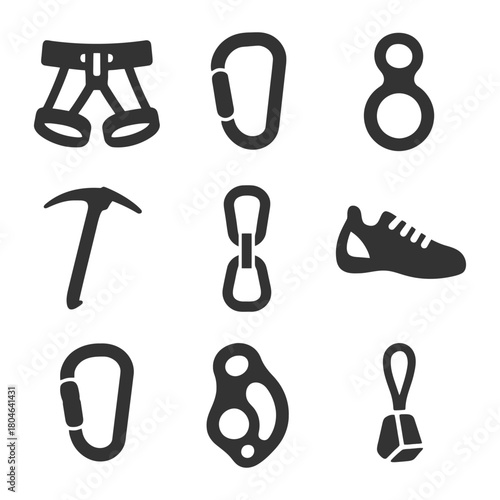 Climbing gear icons: harness, carabiners, belay, crampons, mountain footwear.