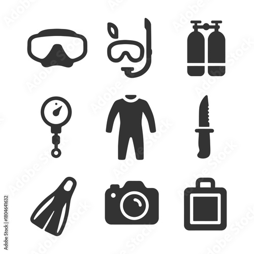 Black icons of scuba diving gear and accessories.