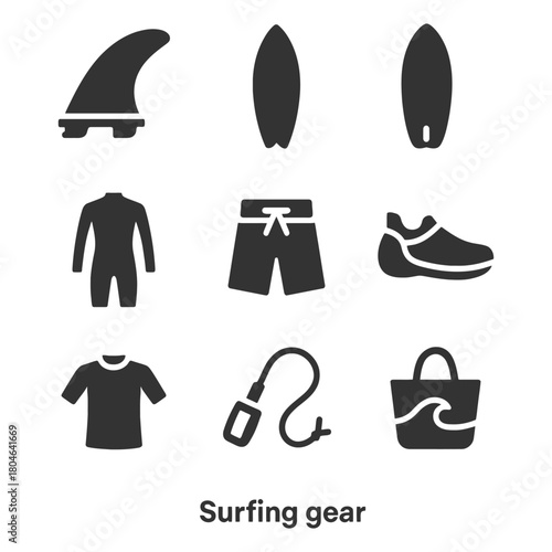 Surfing gear icons: surfboard, wetsuit, fin, leash, apparel, shoes, bag.