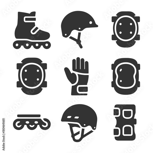 Inline skating essentials: rollerblade, helmet, pads, and gloves icons.