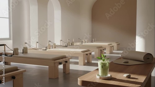 A modern minimalist pilates studio with reformer machines. Healthy lifestyle and wellness concept with a post-workout drink. 3D rendered animation
