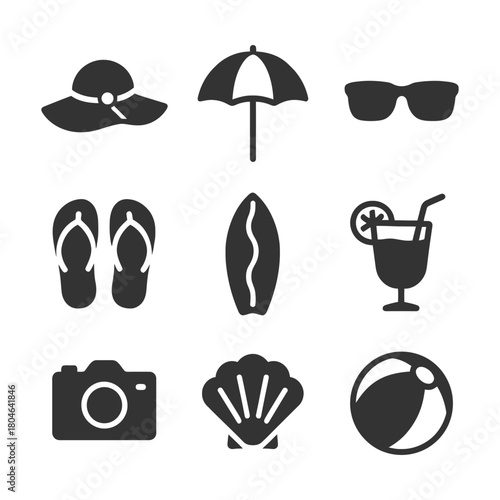 Summer beach essentials icons: hat, umbrella, sunglasses, flip-flops, surfboard, drink, camera, shell, beach ball.