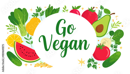 Go Vegan Poster with Colorful Fruits and Vegetables