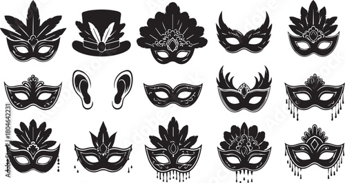 Collection of black vector silhouettes of elegant Mardi Gras carnival masquerade masks and theatrical elements
