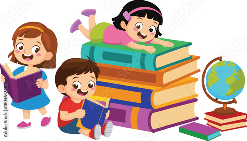 Cheerful happy school children kids reading books, learning globe, education student boy and girls, fun childhood study time illustration, back to school concept, isolated white.