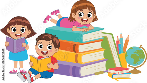 Cheerful happy school children kids reading books, learning globe, education student boy and girls, fun childhood study time illustration, back to school concept, isolated white.