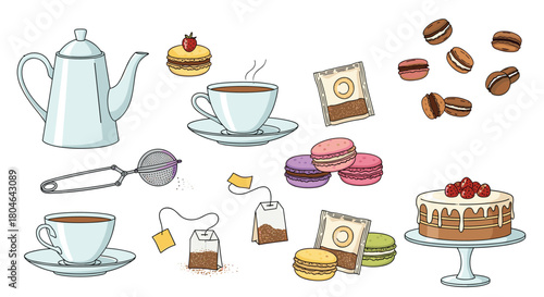 Hand-drawn collection of tea party essentials including a teapot cups macarons cake and tea bags isolated on a white background.