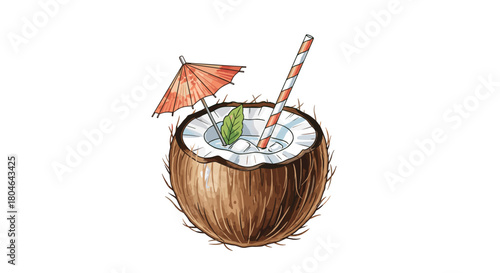 Watercolor illustration of a refreshing tropical coconut cocktail with a straw mint leaf and a small umbrella on a white background.