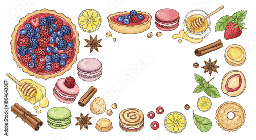 Decorative rectangular frame made of delicious desserts like berry tarts macarons and cookies with honey spices and fresh fruit.