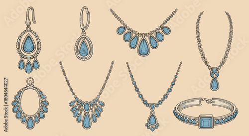 Elegant vintage jewelry collection featuring intricately designed necklaces earrings and a bracelet with blue gemstones in a classic style.