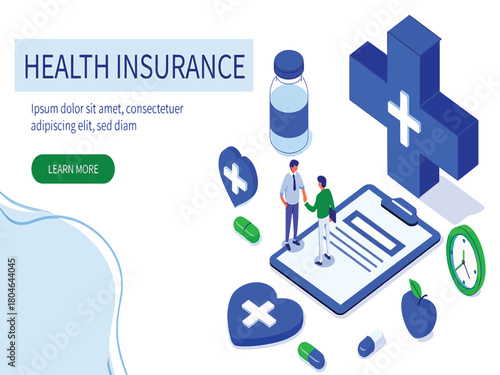 Isometric concept of health insurance policy agreement and medical consultation services