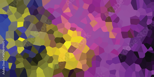 Vibrant abstract mosaic pattern with irregular geometric shapes in bright shades of blue, yellow, purple, and pink, creating a colorful and dynamic crystalline or stained glass effect for backgrounds