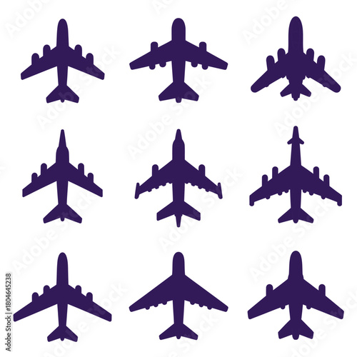 Set of airplane silhouette icons vector illustration of various aircraft designs isolated on white background