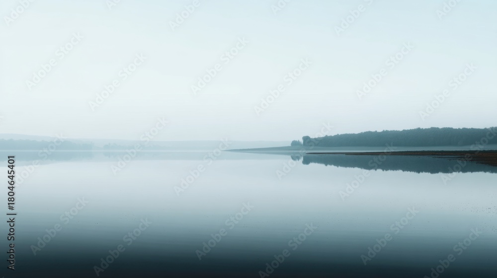 Fototapeta premium Misty Landscape with Calm Water and Soft Reflection Over Lake at Dawn, Serene Natural Beauty and Tranquil Atmosphere in Morning Light