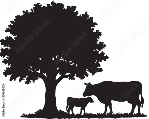 a mother cow and calf standing under a large leafy tree in a peaceful natural setting silhouette vector