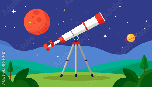 Cartoon Telescope Pointing at Night Sky with Stars, Red planet, and Ringed Planet in Outdoor Landscape