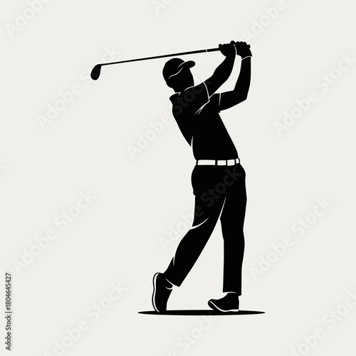 Black silhouette of a male golfer executing a powerful swing.