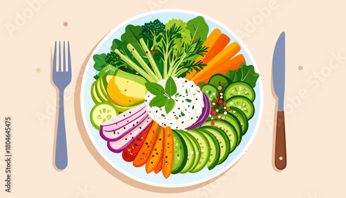 Fresh Vegetable Platter with Creamy Dip and Cutlery on Black Background