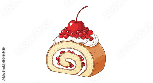 Delicious slice of a swiss roll cake with a creamy spiral filling and berries topped with whipped cream and a single red cherry.