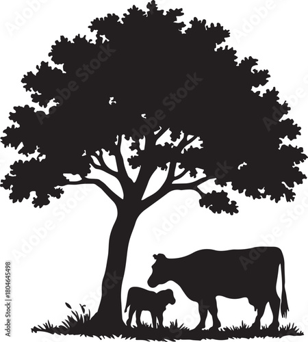  a mother cow and calf standing under a large leafy tree in a peaceful natural setting