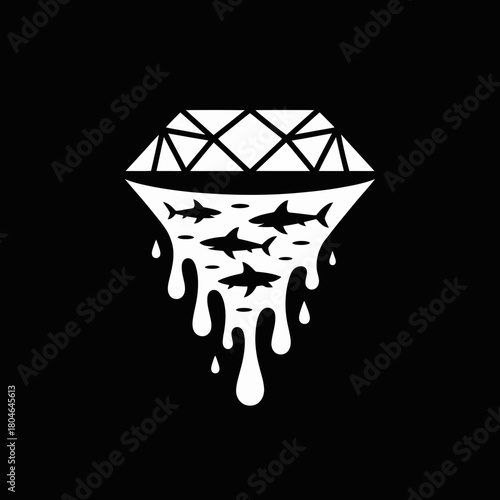 Diamond with sharks melting down in a creative and unique design on a black background creating a bold and eyecatching graphic for modern apparel and edgy designs