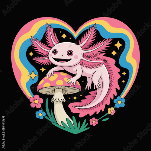 Cartoon axolotl sitting on a mushroom with a heart shaped rainbow background and flowers creating a whimsical and colorful design perfect for children's products and cute illustrations