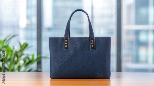 Wallpaper Mural Stylish dark blue tote bag showcasing quality craftsmanship near an office window with soft lighting Torontodigital.ca