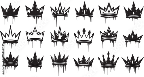 Graffiti crowns vector set. Black king crown silhouettes with dripping street art effect for logos.