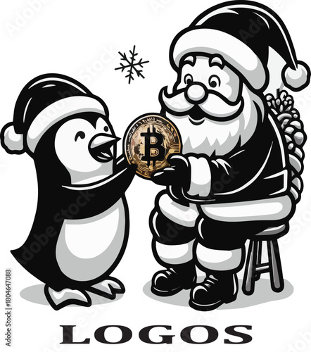 Black and white vector line art of Santa Claus giving stacked Christmas gifts to a Shiba Inu dog wearing a Santa hat and festive sweater