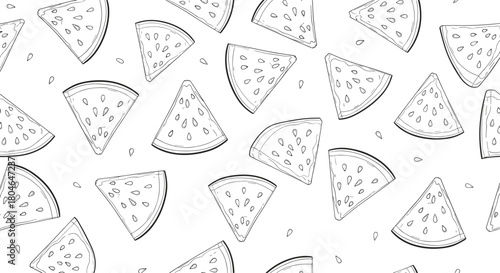 Seamless black and white pattern of hand-drawn watermelon slices and seeds creating a simple and fresh summer fruit background.