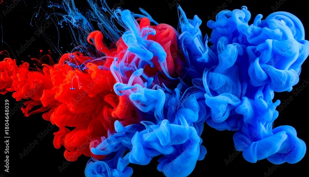 Obraz premium Red and blue ink swirling in water against black background, forming vibrant cloud-like patterns.