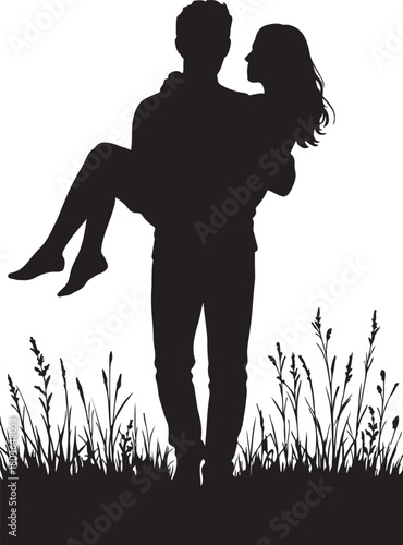 Man carrying woman in his arms in a field of grass and plants silhouette vector