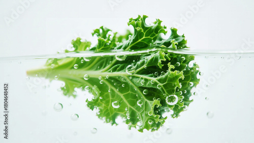 Fresh Kale Leaf Submerged in Water with Bubbles, Healthy Eating Concept