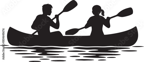  people canoeing on water with paddles silhouette vector