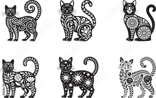 Decorative Cat Silhouette Set with Folk Art Floral Pattern for Vector Design