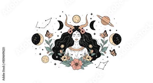 Mystical illustration of a celestial woman with horns surrounded by moon phases planets stars and flowers in a bohemian style.