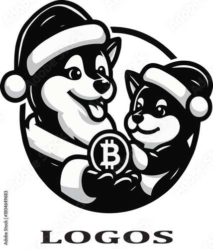 Black and white vector logo showing two happy Shiba Inu dogs wearing Santa hats and jointly holding up a Bitcoin in their paws