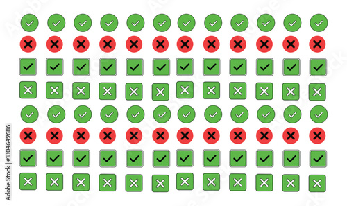 A grid of green checkmarks and red crosses representing choices and decisions on a white background