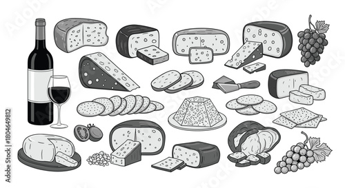 Monochrome collection of various types of cheese with a bottle of red wine a glass and fresh grapes in a vintage sketch style.